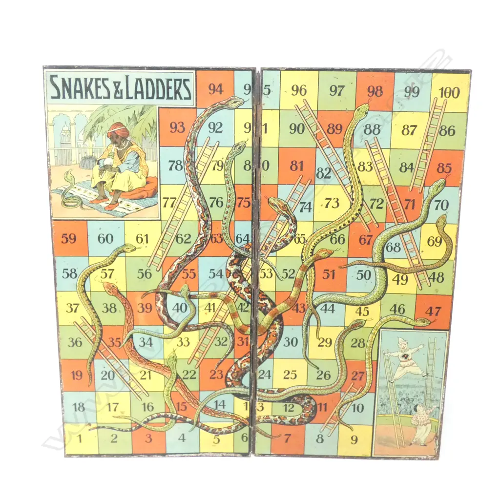 OLD FOLDING TIN PLATE SNAKES & LADDERS BOARD GAME. 280 X 280MM Image 1++